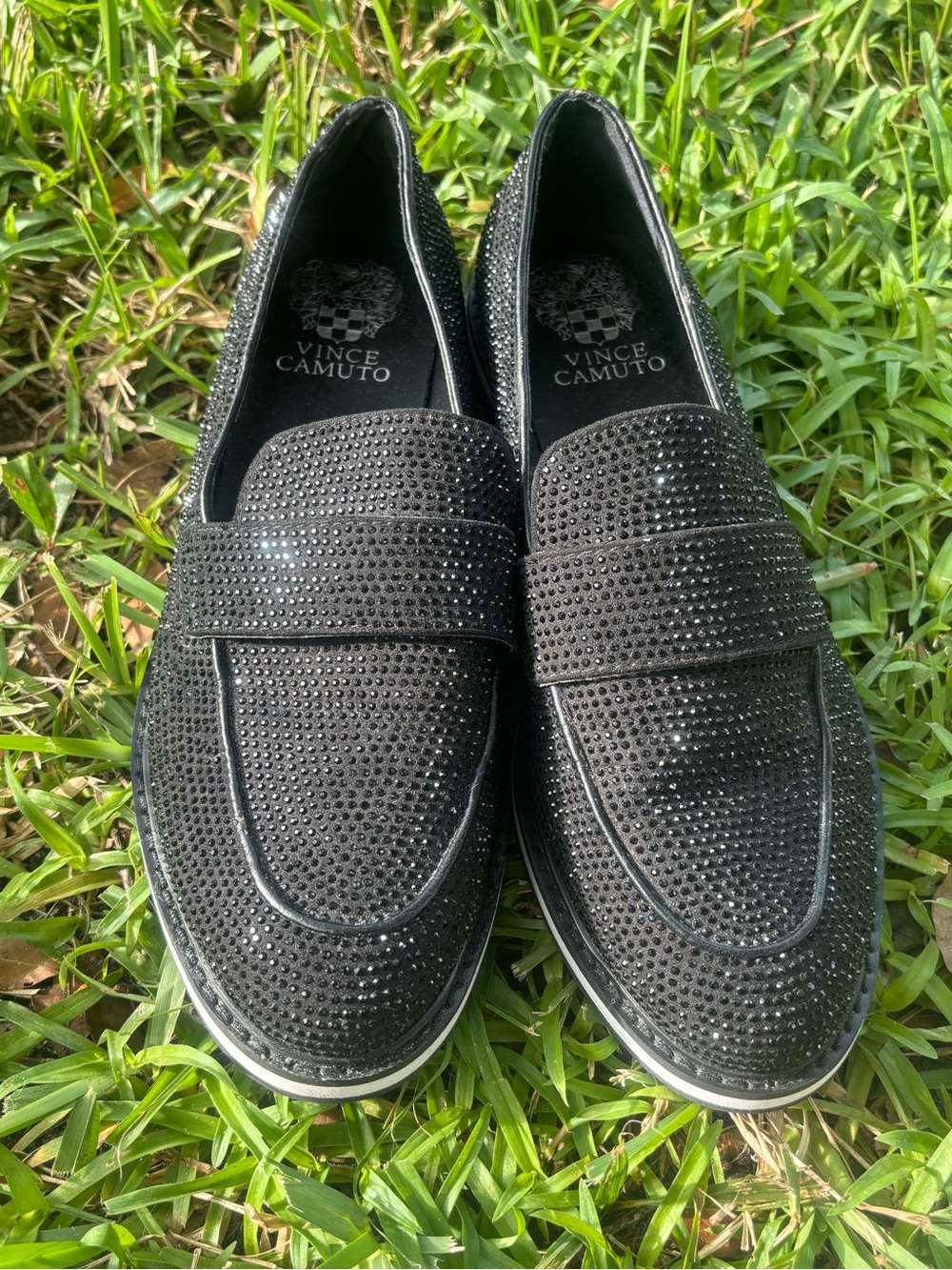 Vince Camuto Black Crystal-Embellished Slip-On Loafers Women’s 8